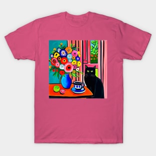 Black Cat with Cute Abstract Flowers in a Blue Vase Still Life Painting T-Shirt